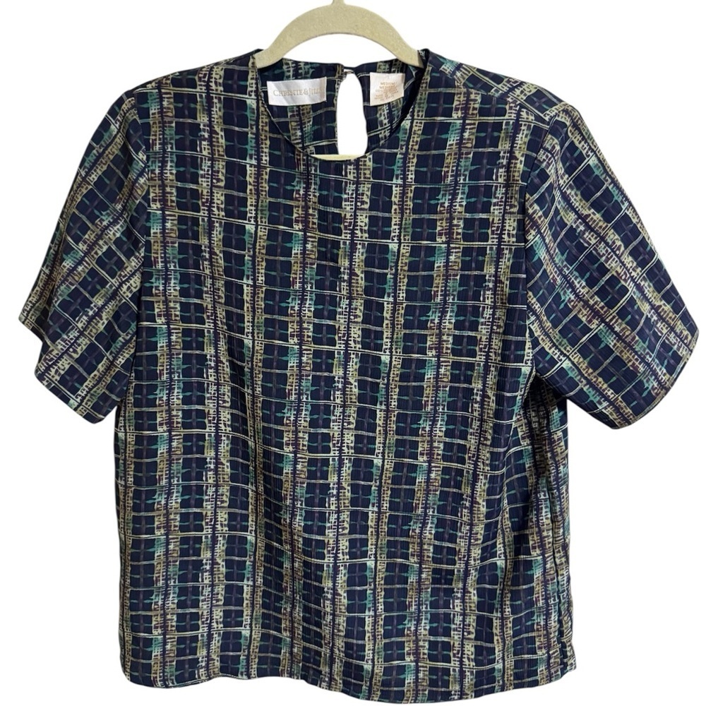Vintage Christie & Jill Abstract Plaid Blouse – M – Shoulder Pads, 80s/90s